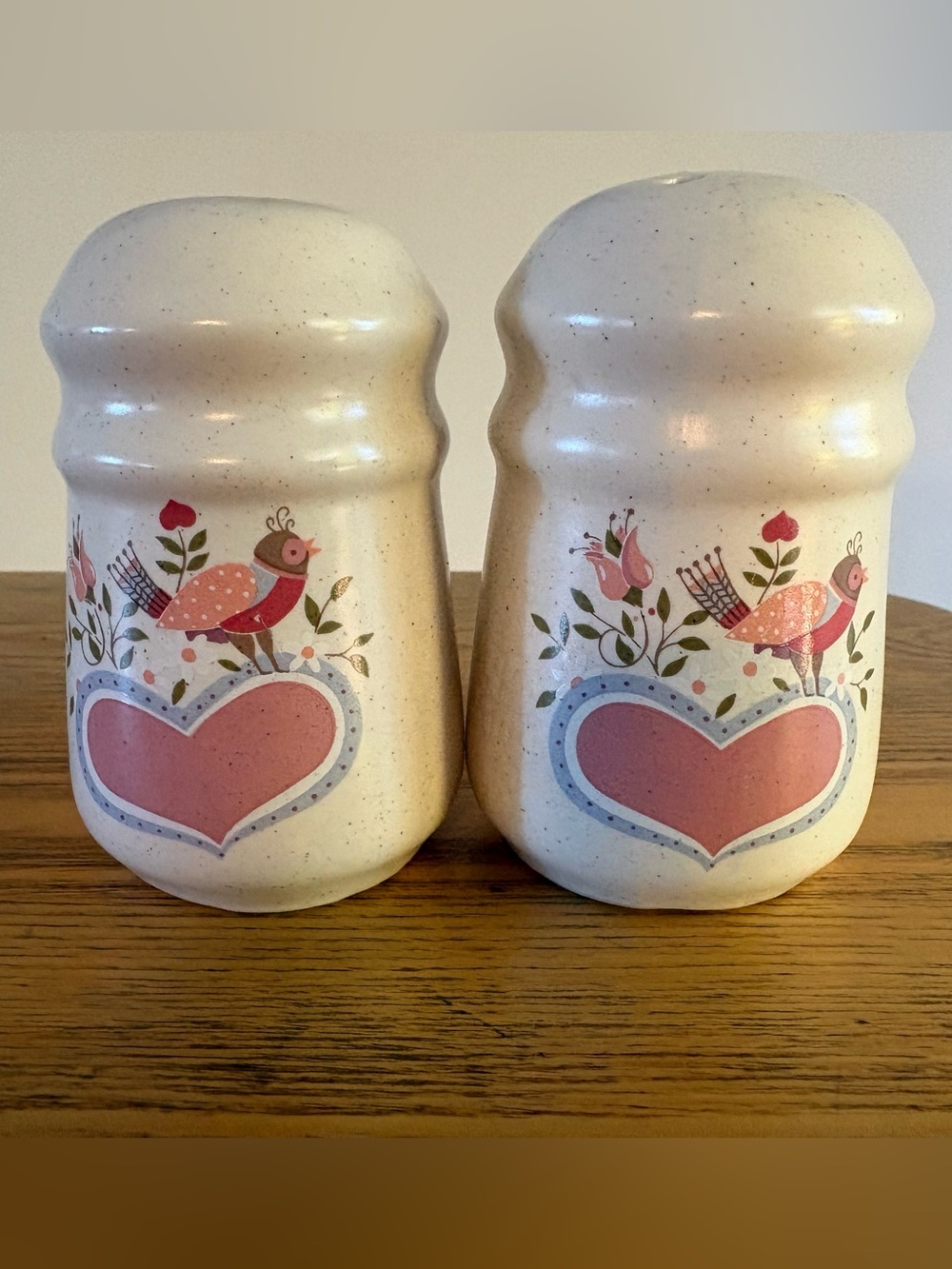 Vintage Cottagecore Heart & Bird Ceramic Salt & Pepper Shakers